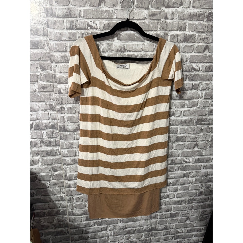 Bailey 44 Womens Striped Short Sleeve Scoop Neck Layered Tunic Top Tan Cream M
